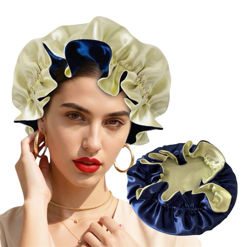 Reversible Satin Sleep Bonnet Hat – Navy & Yellow – Extra Large, Elastic Fit